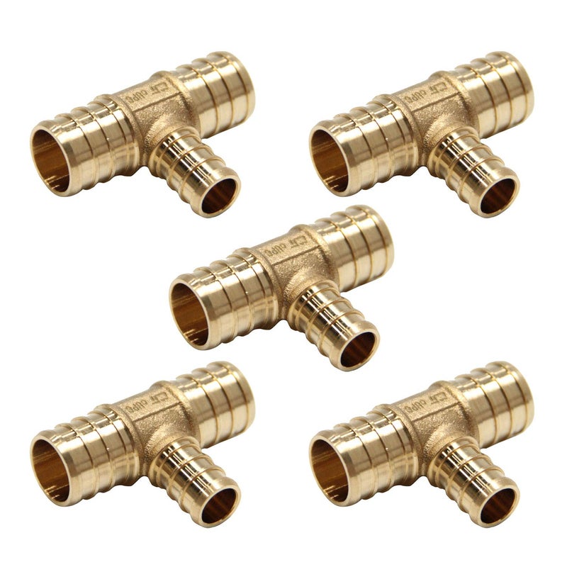 EFIELD (Pack of 5) Efield 3/4" x 3/4" x 1/2" Pex Reducing Tee Brass Barb Crimp Fittings,ASTM F1807,(PEX1807077-5PCS) - Image 1